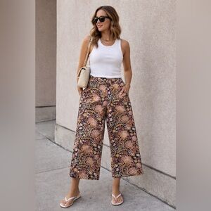 Tahari 100% Linen Cropped Wide-Leg Floral Pants size medium